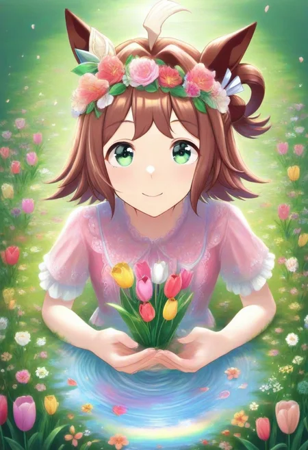 (umamusume, rhein_kraft_(umamusume), horse_ears, horse_girl, tail, 1girl, ahoge, animal_ears,)
casual, Tulip,Tulip flower, Tulip flower_field,
head_wreath, looking_at_viewer, solo, aesthetic, absurdres, symmetric , , g0ldsw0rthy,
(realistic, photo, artistic, medium_hair, one_eye_closed, petals, relaxing, smile, spiralling vortex made of multicoloured tulips, lush foliage sunrise, ripples, reflective, jaynl-tm, rainbow,green_eyes, hair_between_eyes, hair_ornament, : 0.7)