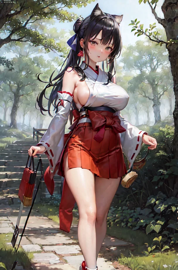 masterpiece, best quality, ultra-detailed, extremely detailed, illustration, (1girl:1.2), solo, miko clothes, hakama skirt, detached sleeves, ((side breasts)), huge breasts, outdoors, walking in forest, ((stroll)), sunlight filtering through trees, enjoyful, comfortable, cozy, snug, relaxing, restful, pleasant, content, at ease, homely, easygoing, secure, connection, harmony, balance, texture, detail, realism, depth, perspective, composition, color, light, shadow, reflection, refraction, tone, contrast, foreground, middle ground, background, naturalistic, figurative, representational, impressionistic, expressionistic, abstract, innovative, experimental, unique, <lora:MikoClothes_v2_1:0.2>