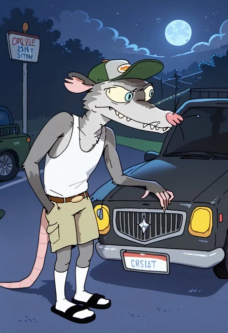 Score_9, score_9_up, solo, 1boy, furry, animal, oppossum, pink nose, blue eyes, grey fur, rat tail, opossum tail, animal ears, tank top, cap, green cap, shorts, socks, flip flops, sandals, wiskers, leaning against a car, night, gas station, Expressiveh
