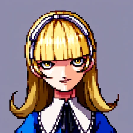 score_9, score_8_up, score_7_up, source_anime, BREAK, solo, 1girl, looking at viewer, <lora:P1-Portraits-pdxl_Fp:1>, portrait, simple background, pixel art, <lora:zs_AliceXL:1>, alicesmt, dress, long hair, blonde hair, hairband, blunt bangs, puffy sleeves, blue dress, yellow eyes