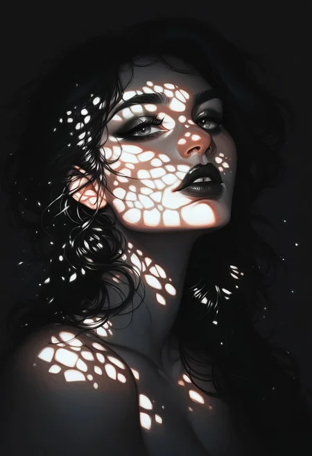 score_9, score_8_up, score_7_up, score_6_up, 1girl, black hair, 23 years old, beautiful, dappled moonlight, lipstick, dark eyeliner, silver light shafts, dark background, portrait, cool color palette, s1_dram