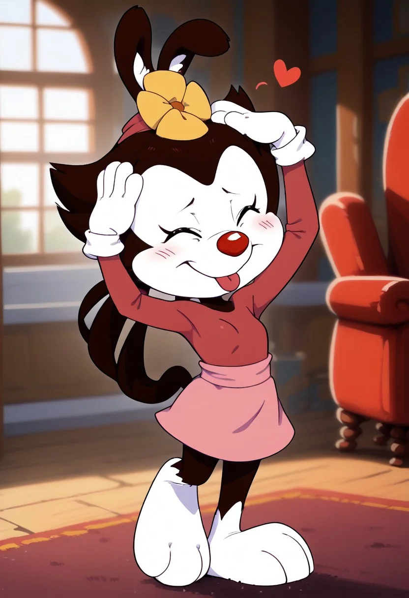 score_9, score_7_up, 1girl, source cartoon), full body,
<lora:DotWarner:1.0>, <lora:AhEtoBlehMeme_pdxl_Incrs_v1:1>, masterpiece, best_quality, BREAK, expressiveh, (dot warner, dot warner as a muskrat, brown hair, hair bow, (((long ponytail hairstyle))), (((short pigtails))), red eyes, (eye slits:1.3), tail, furry, animal nose, (((animal ears))), (((with ear fluff))), black nose, tail with "m" bend, brown body fur, furry female, solo, short hair, bangs, brown body fur, white face fur, short, dwarf, 1girl, cute, cub, cute cub, toon, toon girl, small cub, small breasts, perfect round breasts, ), 1girl, solo, , blush, heart, blurry, skindentation, blurry background, happy, front view, indoors, living room, sunbeam, sunlight, AhEtoBlehMeme, closed eyes, tongue out, :p, hands on own head, smile
<lora:Expressive_H:10.9 Expressiveh,
<lora:add-detail-xl:1>,