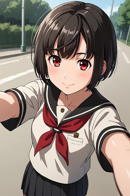 score_9, score_7_up, source_anime <lora:aiko_tachibana:0.8> aiko_wz, black hair, short hair, red eyes, school uniform, serafuku, red neckerchief, short sleeves, black skirt, pleated skirt, pov, selfie, smile, light blush, outdoors, street, nature, looking at viewer, cinematic light