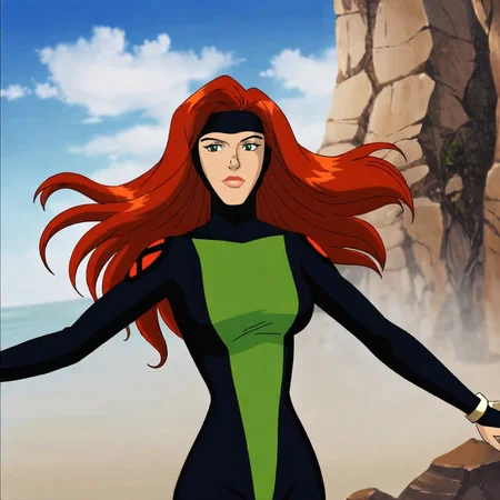 <lora:jeangreyxmenevolution_pony_v1:.7>jeangreyCostumeEvolution, 1girl, long hair, bodysuit, headband, red hair, lipstick, large breasts,  green eyes, makeup, retro artstyle, lips, cowboy shot