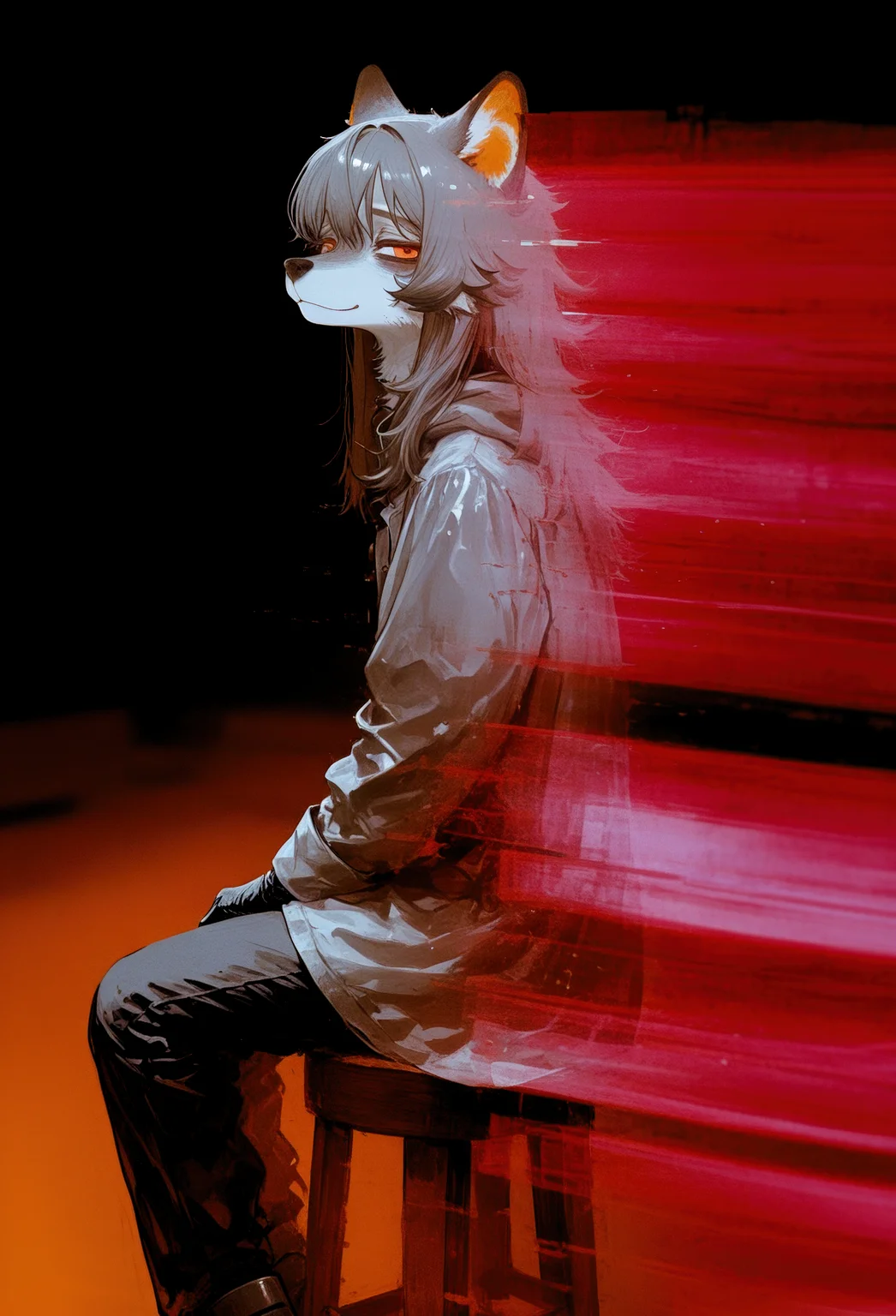 good quality, year 2023,
motion blur, motion trails, disintegration, particle effects, smearing, blending, glitch++, red light trails,
0__11Xx_illu, surreal, black theme, blurry, MF9f, dhjs, bnl0, aGl0,
1girl,anthro,furry female,wolf girl,(aged up:1.5),tall,snout,light gray pale fur,long hair,dark gray hair,wolf cut,orange inner ear fur,orange eyes,tall,toned,small breasts,black gloves,gray rain coat,belt,long black pants,work boots,baggy clothes,
sitting, wooden stool, turning head, pursed lips, head titled back, looking behind, jitome, dismay, model pose, sad smile,
indoors, portrait, simple background, orange background, dark background,