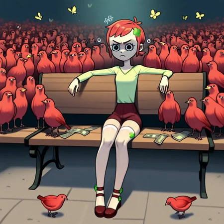 LuckyGirl, 1 girl, alone, short red hair with Trevor's 4-leaf clover symbol in her hair, light green shirt with dark green long sleeves, burgundy shorts, long stockings, strappy shoes
Lucky girl sitting on a bench surrounded by animals, birds, money, and butterflies. The girl has an annoyed expression and crosses her arms.