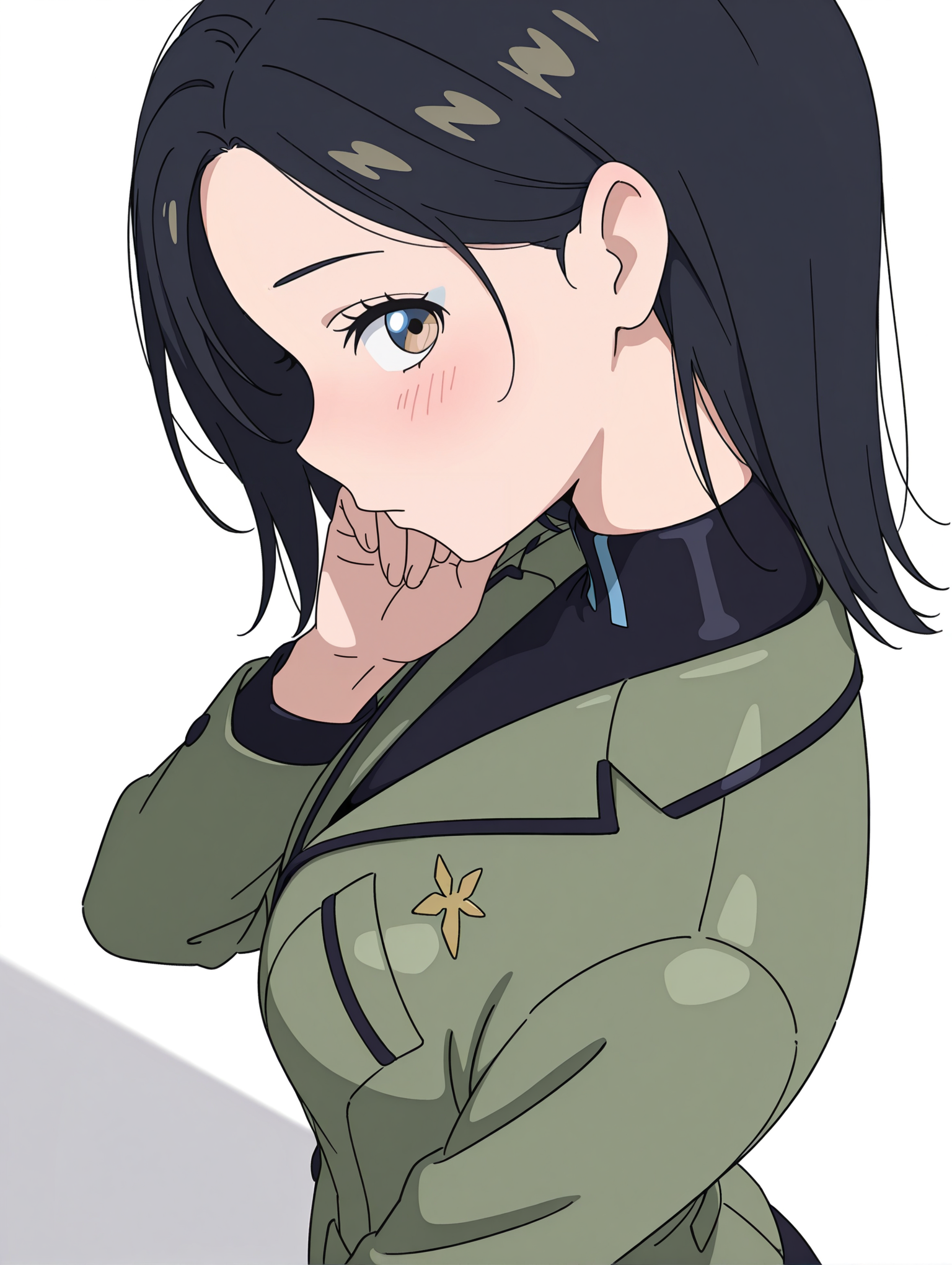 masterpiece,best quality,newest,1girl,solo,
<lora:comoli_harcourt_ilxl_v1,1:1>,comoli,c_clothes,green jacket,
<lora:Fixhands_anime_bdsqlsz_V1:1>,(looking_at_viewer:1.2),simple_background,white background,upper_body,hand_in_hair,light_blush,from_side,from_above,profile,standing,