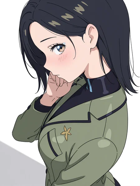 masterpiece,best quality,newest,1girl,solo,
<lora:comoli_harcourt_ilxl_v1,1:1>,comoli,c_clothes,green jacket,
<lora:Fixhands_anime_bdsqlsz_V1:1>,(looking_at_viewer:1.2),simple_background,white background,upper_body,hand_in_hair,light_blush,from_side,from_above,profile,standing,