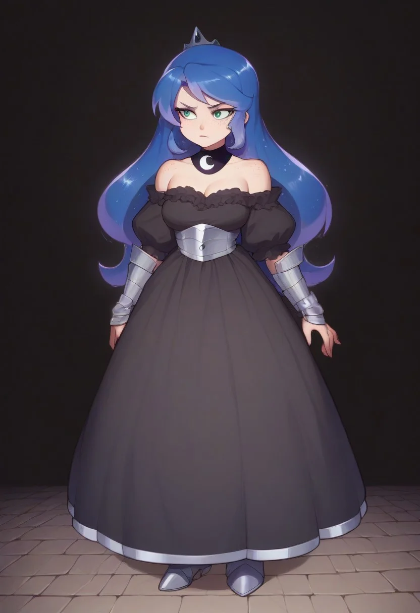 score_9, score_8_up, score_7_up, score_6_up, (humanized, human), 1girl,, (princess luna), blue hair, , long hair, ((freckles)), anatomically correct, medium breasts, dark background, photo_realistic:1.5, fully clothed, high resolution, ,serious face, lidded eyes, outside, on a hill, night time, soft glow, moonlit scene, big eyes, elegant dress, blue and black dress, armored dress, looking away, standing, armored boots, holding a sword, full body, front view, exposed shoulders, detailed dress, freckles on shoulders,