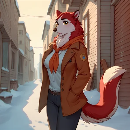 score_9, score_8_up, score_7_up, score_6_up, score_5_up, score_4_up, BREAK, <lora:Jennabalto:1>, 1girl, jenna\(balto\), solo, open mouth, amber eyes, neckerchief, two tone fur, red fur, looking at viewer, breasts, wearing, coat, pants, outside, furry female, anthro, tail, standing,
