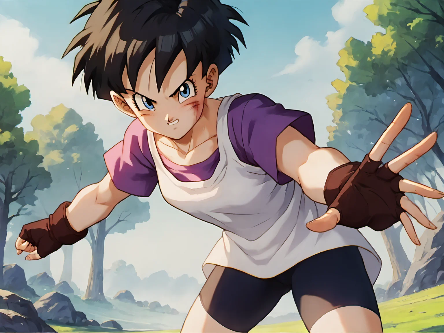 Videl, 1girl, blue eyes, shadows, blue eyes, short hair, spiked hair, white shirt, purple shirt, <lora:VidelSDXLMulti-Test-16-16-C-Test-2:0.85>, masterpiece, best quality, absurdres, perfect lighting, score_9, score_8_up, score_7_up source_anime, fighting pose, fingerless gloves, bike shorts, open field, trees, rocks, looking at viewer, scratches
