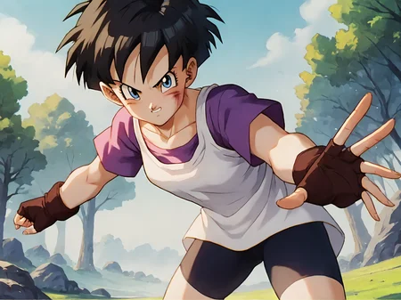 Videl, 1girl, blue eyes, shadows, blue eyes, short hair, spiked hair, white shirt, purple shirt, <lora:VidelSDXLMulti-Test-16-16-C-Test-2:0.85>, masterpiece, best quality, absurdres, perfect lighting, score_9, score_8_up, score_7_up source_anime, fighting pose, fingerless gloves, bike shorts, open field, trees, rocks, looking at viewer, scratches