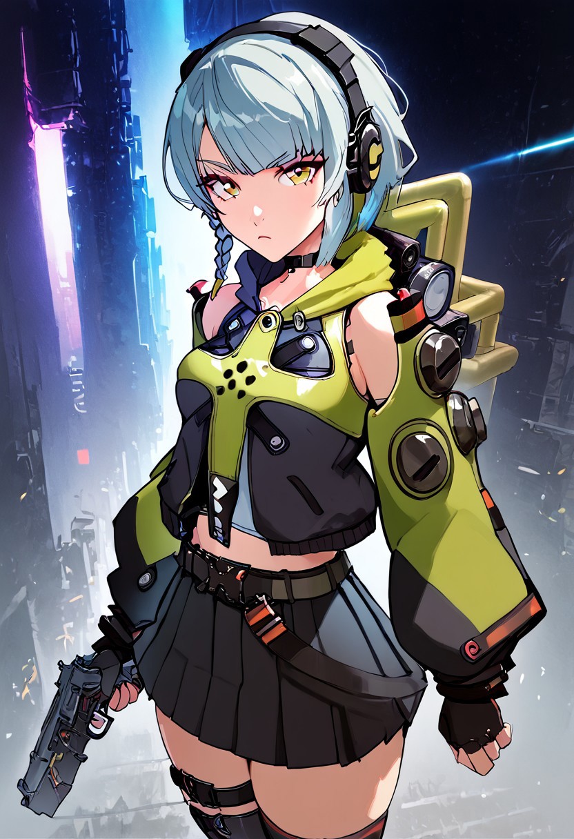 masterpiece, best quality, highly detailed, score_9, score_8_up, score_8, 1girl, solo, Anby_Demara, orange_eyes, grey_hair, side_braid, short_hair, small_breasts, headphones, black_choker, crop_top, hooded_jacket, two-tone_jacket, detached_sleeves, thigh_strap, puffy_long_sleeves, black_belt, miniskirt, black_skirt, pleated_skirt, black_thighhighs, bike_shorts, black_shorts, black_gloves, fingerless_gloves, serious expression, provocative, (looking at viewer), Expressiveh, gunatyou, pointing gun at viewer, gun focus, unique poses, dynamic angle, detailed background, cyberpunk city, night lights, highly detailed, masterpiece