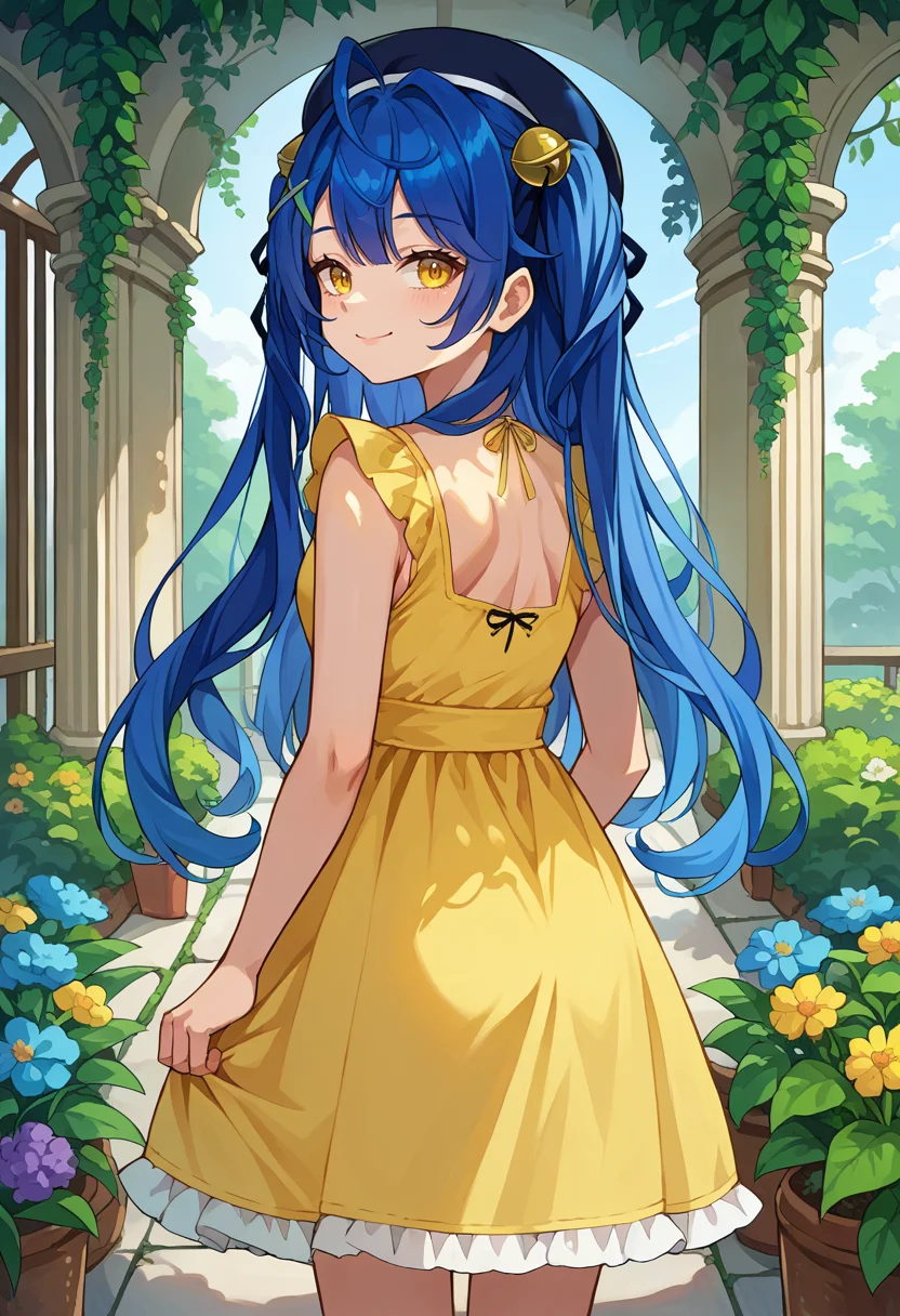 score_9, score_8_up, source_anime, 1girl, solo, AmyaKokoro, yellow eyes, blue hair, long hair, two side up, ahoge, black beret, hair bell, x hair ornament, from behind, yellow sundress, garden, day, sunshine, smile, looking back, <lora:ChamAmamiyaKokoroPonyXL:1>