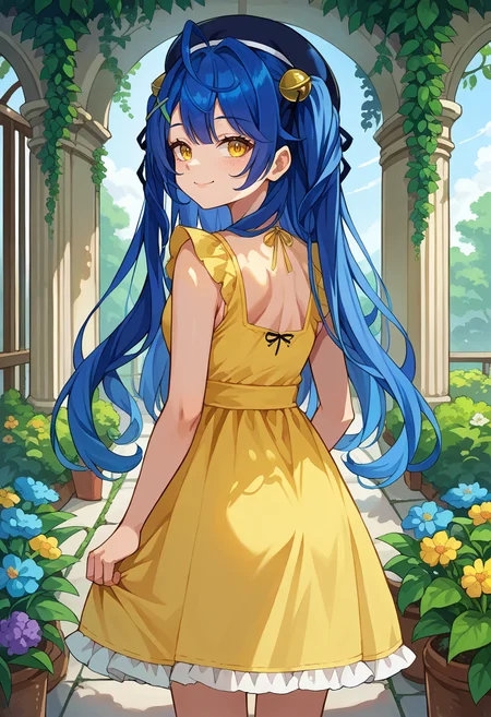 score_9, score_8_up, source_anime, 1girl, solo, AmyaKokoro, yellow eyes, blue hair, long hair, two side up, ahoge, black beret, hair bell, x hair ornament, from behind, yellow sundress, garden, day, sunshine, smile, looking back, <lora:ChamAmamiyaKokoroPonyXL:1>