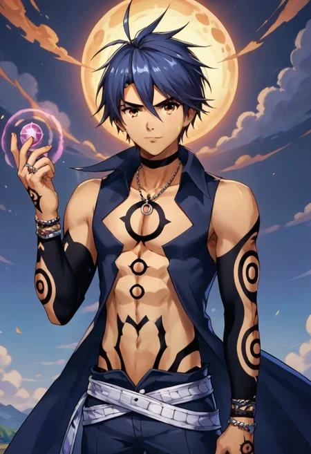 ((masterpiece)), ((best quality)), ((ultra-detailed)), score_9_up, score_8_up, score_7_up, HD, top quality, best quality, High-quality illustrations, anime screencap, perfect anatomy, 1male, 1boy, solo male, male focus, anime, anime boy, male anime character, handsome, attractive, cute, tall, tall body, tall height, slim body, slender body, lean fit body, Solomon, blue hair, orange eyes, fierce expression, long dark blue sleeveless coat, body tattoos, choker, necklace, rings, bracelets, belt, epic fantasy background, magic powers background