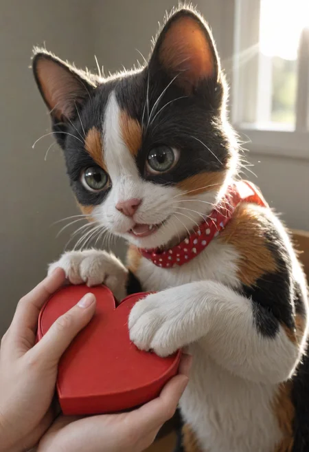 Photorealism,cute kitten, Red heart-shaped box in hand,sunlight, softlight, cute paw pad,ribbon, calico, smile