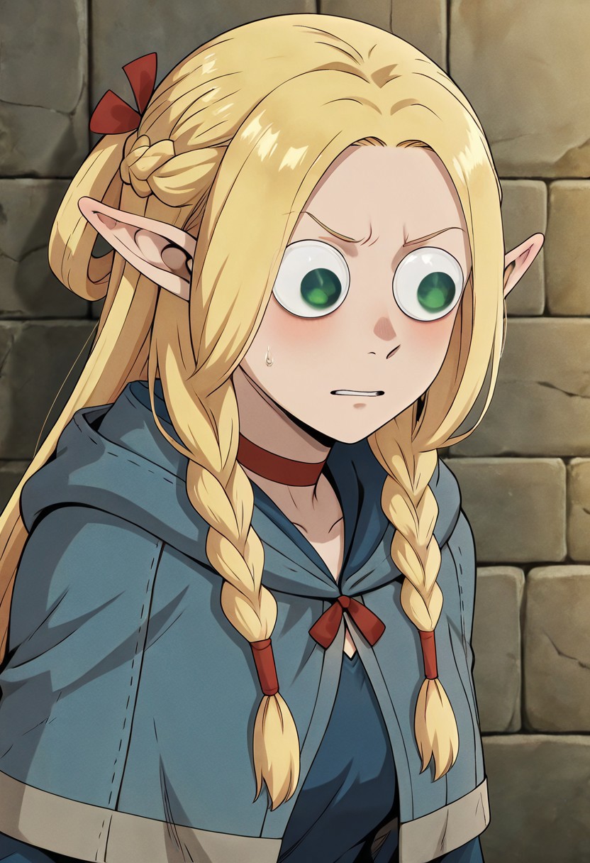 masterpiece, best quality, newest, absurdres, highres, anime, anime style, wall-eyed, GUGIL-V1.0, googly eyes, 1girl, marcille_donato \(dungeon_meshi\), elf, pointy ears, green eyes, blonde