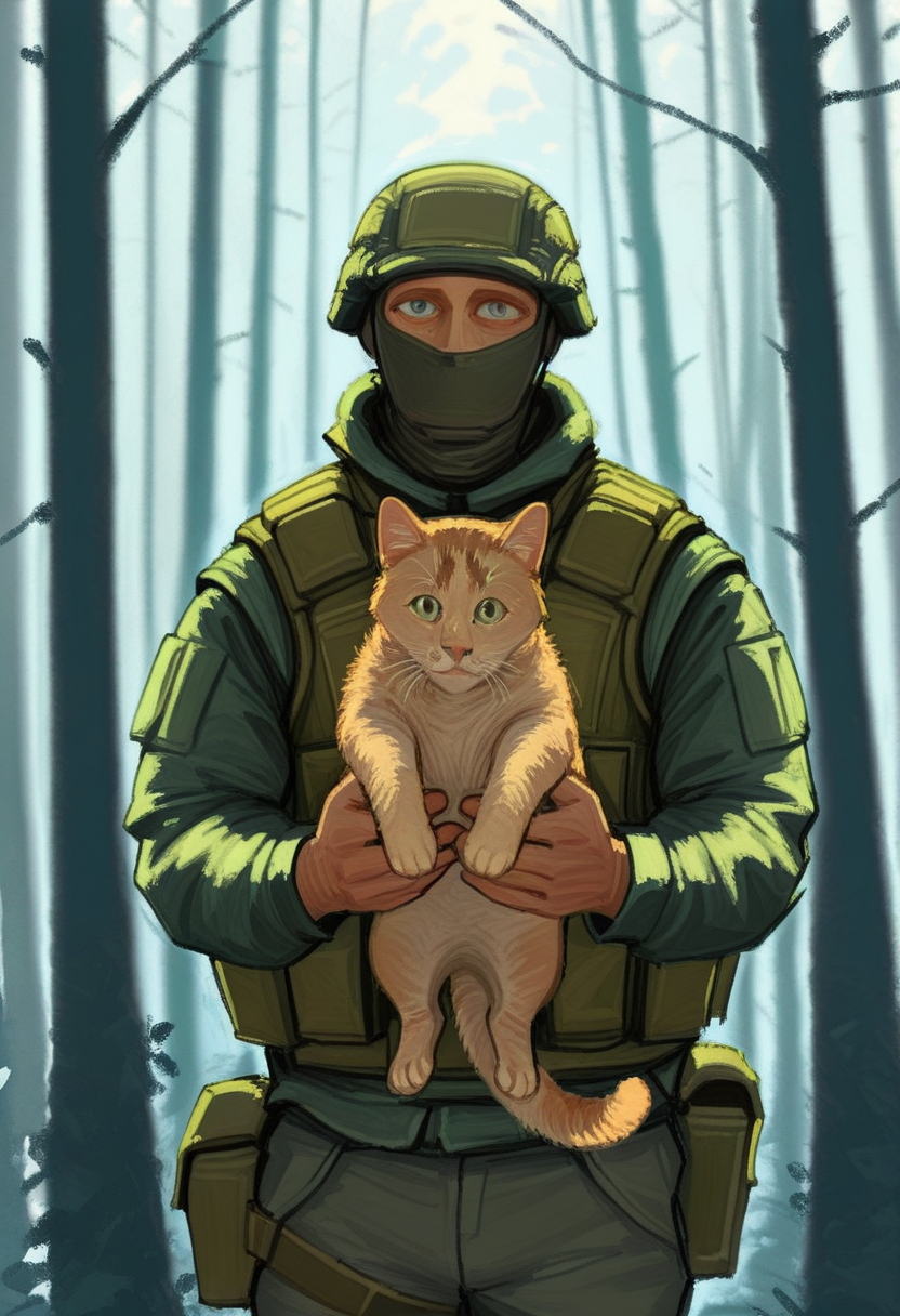 very aestetic, pt1chn1k, solo, 1boy, male focus, forest, cowboy shot, buletproof vest, mask, helmet, animal, holding cat, military, looking at viewer, camouflage,