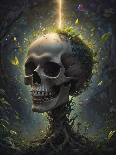 letitflrsh,(let it flourish:1.3), skull, radiating light, vegetation, illumination, atmospheric, scale, order, healing, busy, light, hope, depressive, calm, composition, detailed, faint, psychedelic art , <lora:- SDXL - letitflrsh_let_it_flourish_V1.0-000005:.9>
