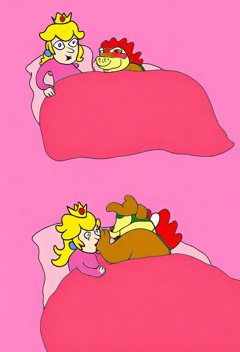 masterpiece, very aesthetic, sbhj, bad quality, worst quality, worst detail, 1boy, Bowser (Super Mario), 1girl, Princess Peach (Super Mario), kissing, bed, hugging, under covers,