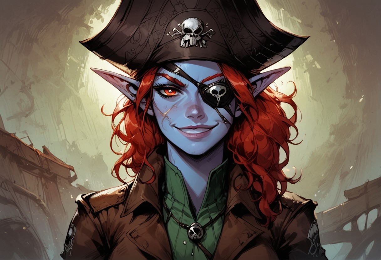 score_9, score_8_up, score_7_up, BREAK, 1woman portrait,  beautiful, dramatic lights ((Elf, rogue, thief, pirate, eyepatch, blue skin, red hair, gree eyes, scars, scars on face, multiple scars, capitan hat, grin, smug, longe loose hair, sea background))
<lora:Fant5yP0ny:0.6> <lora:fantasy_world_pony:0.9>
<lora:Cherry-Gig:0.55>