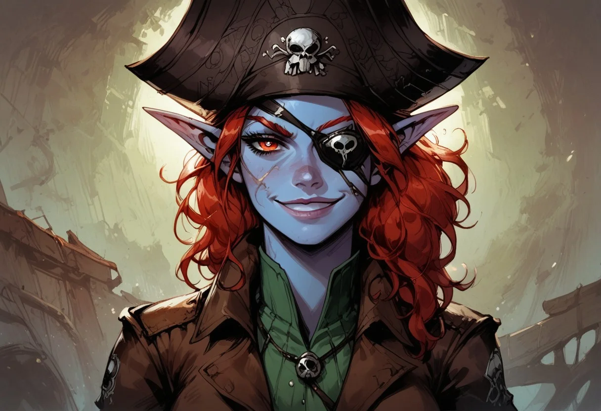 score_9, score_8_up, score_7_up, BREAK, 1woman portrait,  beautiful, dramatic lights ((Elf, rogue, thief, pirate, eyepatch, blue skin, red hair, gree eyes, scars, scars on face, multiple scars, capitan hat, grin, smug, longe loose hair, sea background))
<lora:Fant5yP0ny:0.6> <lora:fantasy_world_pony:0.9>
<lora:Cherry-Gig:0.55>