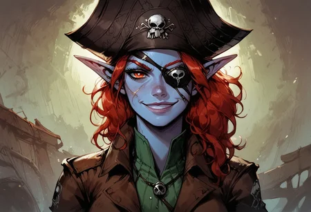 score_9, score_8_up, score_7_up, BREAK, 1woman portrait,  beautiful, dramatic lights ((Elf, rogue, thief, pirate, eyepatch, blue skin, red hair, gree eyes, scars, scars on face, multiple scars, capitan hat, grin, smug, longe loose hair, sea background))
<lora:Fant5yP0ny:0.6> <lora:fantasy_world_pony:0.9>
<lora:Cherry-Gig:0.55>