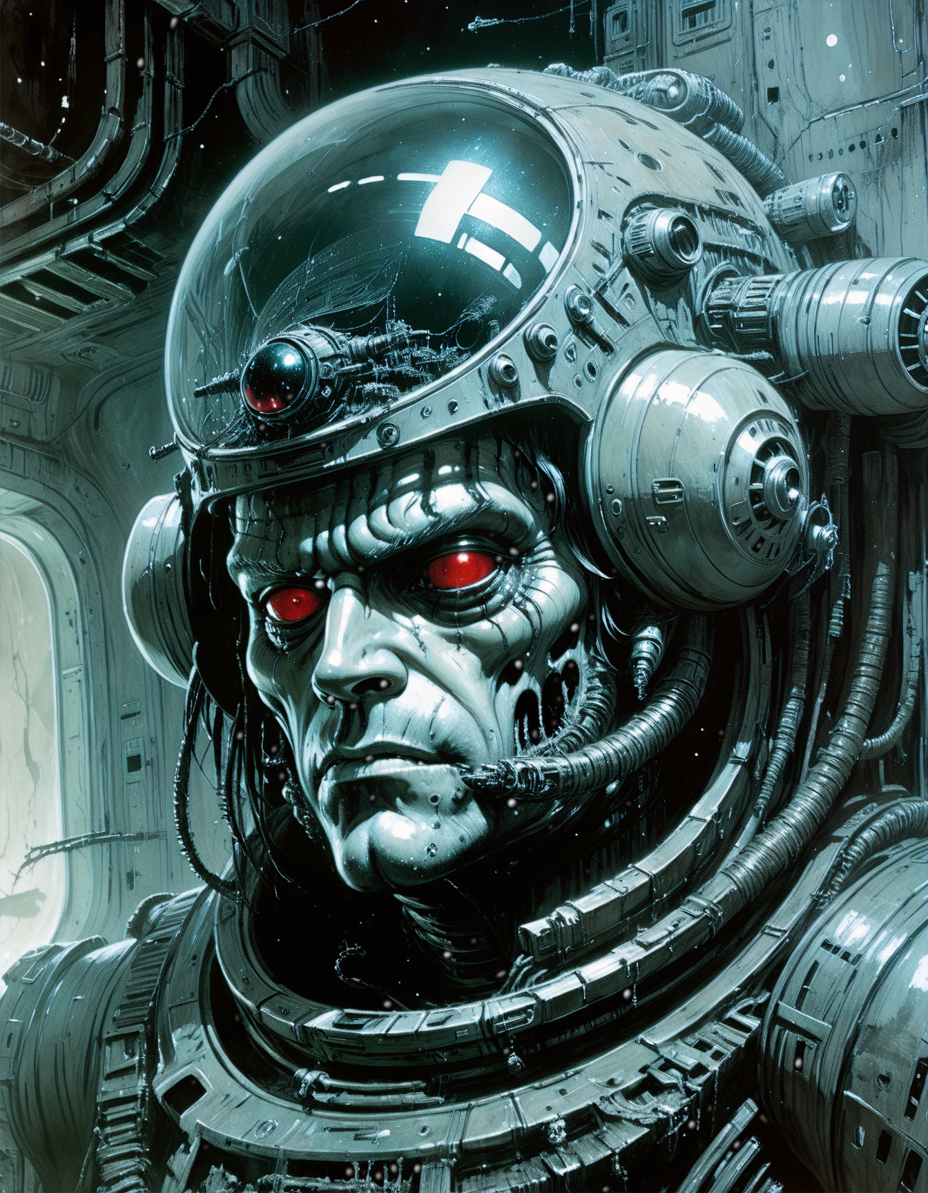 "Close-up, front-facing view of a scavenger, his face reflecting horror, within the chilling confines of a derelict space station. Sharp contrasts, lavishly intricate, drawing from H.R. Giger", surrealism, weird and pissed off, oil on canvas, dry brush, <lora:John Berkey Style:0.9>, John Berkey Style