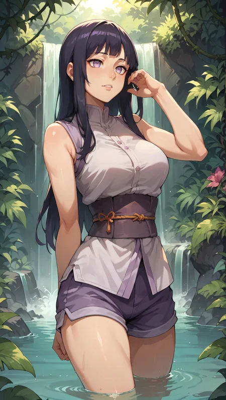 score_9,score_8_up,score_7_up,score_6_up, source_anime, zPDXL, girl, long hair, black hair, purple eyes, empty eyes, purple japanese clothes, obi, sleeveless, purple shorts, thighhighs, <lora:Wakfu_CartoonV02:0.5>, <lora:xl_more_art-full_v1:0.5>, <lora:Hinata Hyuga-000004:0.8>, thoughtful pose, waterfall, jungle tropical forest, vines, light rays,