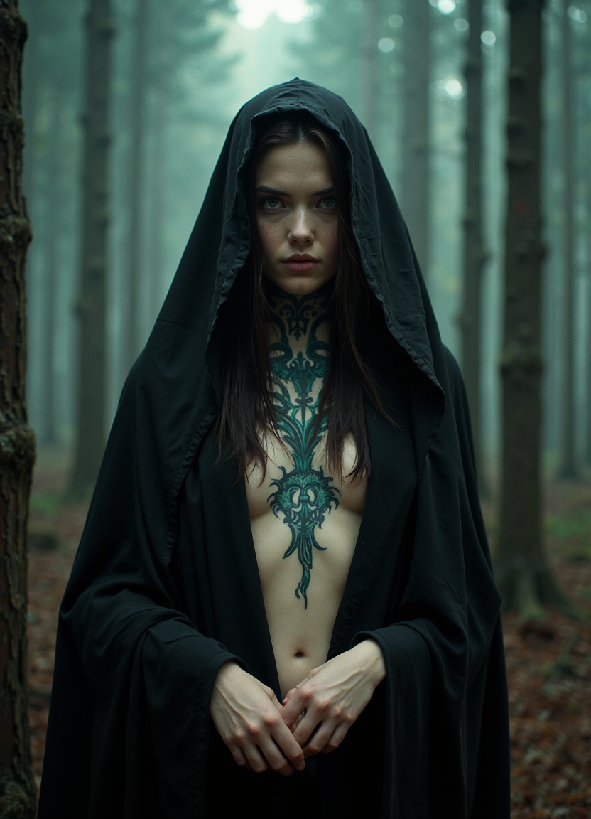 Hyper-realistic portrait of a enigmatic young woman standing in a misty, shadowy forest. She is draped in a flowing black hooded cloak that contrasts sharply with her pale skin. The cloak is open at the front, revealing a glimpse of her bare torso. Her face, framed by long dark hair, wears an intense, almost defiant expression with piercing eyes that seem to stare directly into the viewer's soul. An intricate, Gothic-style tattoo adorns her chest and neck, its deep blue-green ink a stark contrast against her skin.
The forest background is rendered in muted greens and browns, with tall, slender tree trunks creating a sense of depth and enclosure. Soft, diffused light filters through the canopy, casting subtle shadows and highlighting the misty atmosphere. Every detail is captured with photographic precision - from the individual strands of the woman's hair to the texture of the cloak's fabric, the intricate lines of the tattoo, and the varied textures of bark and leaves in the background.
The lighting is soft yet dramatic, emphasizing the contrast between the dark cloak and the woman's fair skin, and bringing out the subtle variations in skin tone and texture. There's a palpable tension in her clasped hands and the set of her shoulders, adding to the mysterious and slightly unsettling mood of the image.
The overall effect is a haunting blend of beauty and darkness, evoking themes of nature, mysticism, and hidden power. The hyper-realistic style amplifies the sense of immediacy and presence, making the viewer feel as if they've stumbled upon a secret, magical moment in the depths of an enchanted forest.