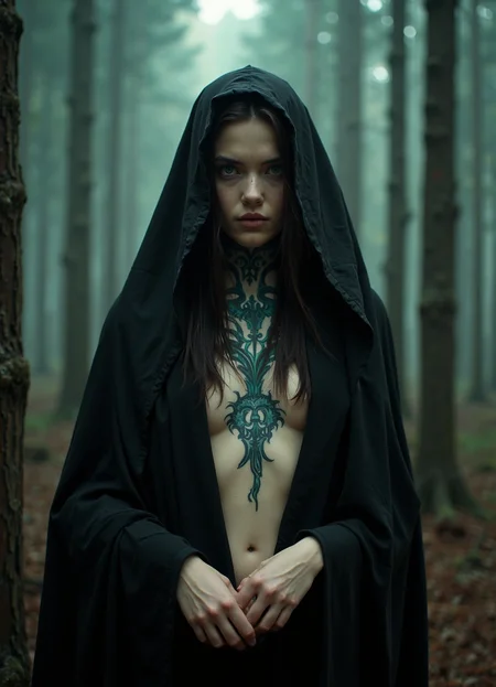 Hyper-realistic portrait of a enigmatic young woman standing in a misty, shadowy forest. She is draped in a flowing black hooded cloak that contrasts sharply with her pale skin. The cloak is open at the front, revealing a glimpse of her bare torso. Her face, framed by long dark hair, wears an intense, almost defiant expression with piercing eyes that seem to stare directly into the viewer's soul. An intricate, Gothic-style tattoo adorns her chest and neck, its deep blue-green ink a stark contrast against her skin.
The forest background is rendered in muted greens and browns, with tall, slender tree trunks creating a sense of depth and enclosure. Soft, diffused light filters through the canopy, casting subtle shadows and highlighting the misty atmosphere. Every detail is captured with photographic precision - from the individual strands of the woman's hair to the texture of the cloak's fabric, the intricate lines of the tattoo, and the varied textures of bark and leaves in the background.
The lighting is soft yet dramatic, emphasizing the contrast between the dark cloak and the woman's fair skin, and bringing out the subtle variations in skin tone and texture. There's a palpable tension in her clasped hands and the set of her shoulders, adding to the mysterious and slightly unsettling mood of the image.
The overall effect is a haunting blend of beauty and darkness, evoking themes of nature, mysticism, and hidden power. The hyper-realistic style amplifies the sense of immediacy and presence, making the viewer feel as if they've stumbled upon a secret, magical moment in the depths of an enchanted forest.
