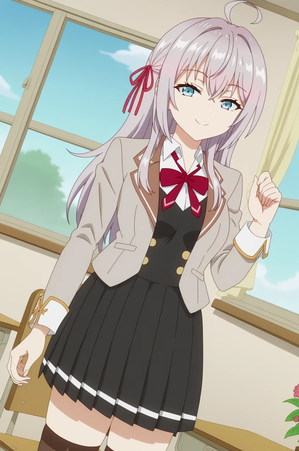 alisa mikhailovna kujou,anime screencap,solo,mature,1girl,ahoge,skirt,solo,long hair,hair,school uniform ribbon,bangd,jacket,shirt,red ribbon,looking at viewer,smile,thighhighs,dutch angle,indoors,classroom,sky,plant,consistent background <lora:Alisa_Mikhailovna_Kujou - PDXL2.safetensors:0.8>