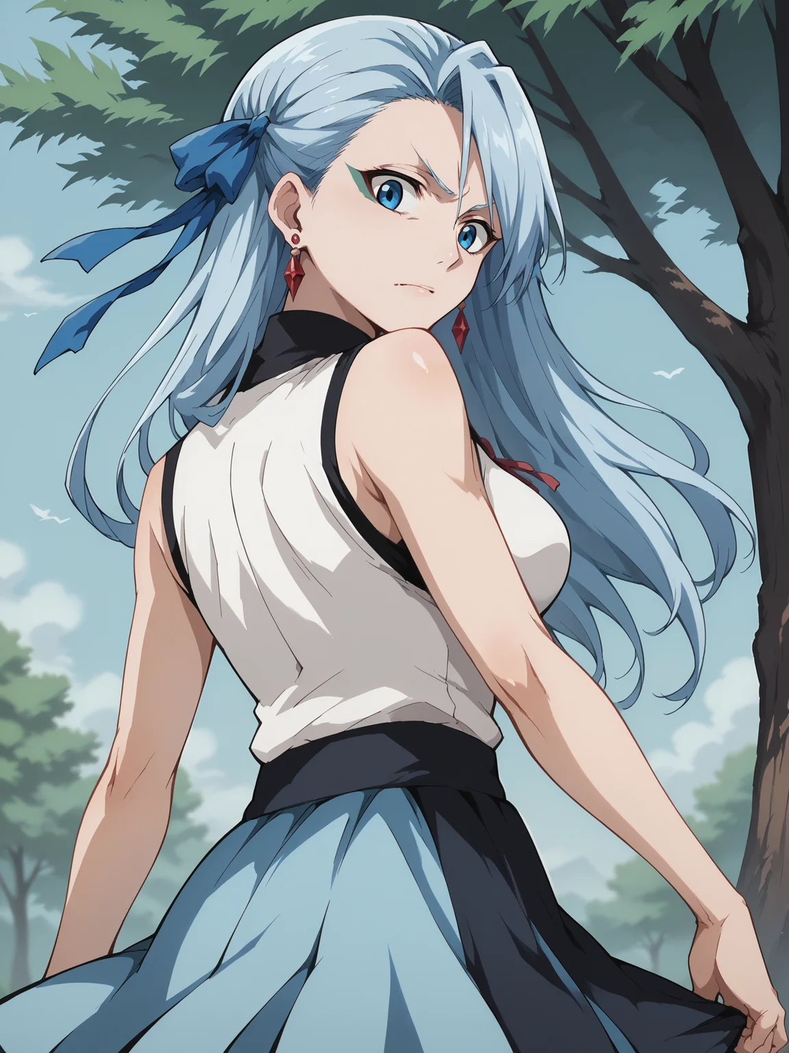 score_9, score_8_up, score_7_up, score_6_up, score_5_up, source_anime, smooth_anime,
Grimmjow, 1girl, solo, blue_eyes, blue_hair, ribbon, hair_ribbon, looking_at_viewer, long_hair, outdoors, jewelry, earrings, breasts, looking_back, sleeveless, blue_ribbon, skirt, shirt, tree, large_breasts, sleeveless_shirt, blue_skirt, long_skirt, day
<lora:Grimmjow_V3:1>