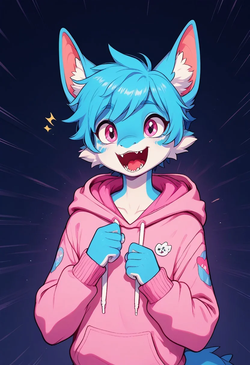 (easynegative 1) dragon, anthro, furry, young, miniature, male, open mouth, blue body, girly, roar, playful, seriously eyes, hoodie, solo, looking at, cute, , good_hands