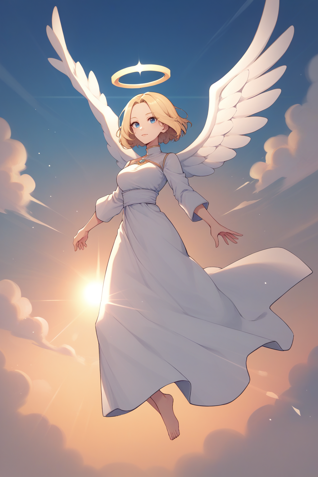 score_9, score_8_up, <lora:NSPhyllisPortia:1> NSPhyllisPortia, 1girl, solo, blonde hair, medium hair, blue eyes, angel wings, halo, white robe, flying, sky background, lens flare, sun