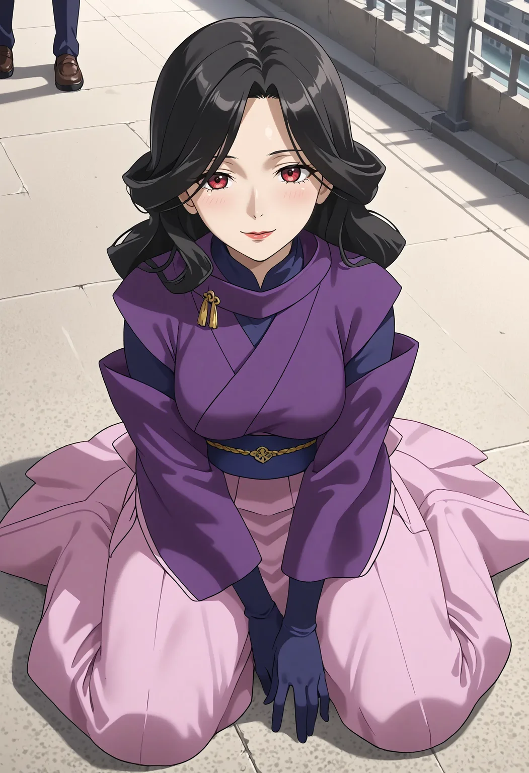 <lora:Hyper-SDXL-8steps-lora:1> <lora:Fixhands_anime_bdsqlsz_V1:1> zPDXL2, score_9, score_8_up, score_7_up, source_anime, intricate details, perfect anatomy BREAK
outdoors, city, tokyo, japan, audience, crowd, sitting, on ground , from above, looking up, feet together,  spread legs,  arm support , leaning back , looking at viewer, yoga pose, Sensual, A deep, intense gaze, a slow, deliberate smile, and a relaxed posture., 1girl, solo, solo focus, 
<lora:GAGE-dorene_ezelcant_XL(pony)v10:1> GAGE-dorene, milf, black hair, wavy hair, red eyes, GAGE-dorene outfit, purple kimono, blue obi, black gloves, pink skirt, long gloves, long sleeves, long skirt,
