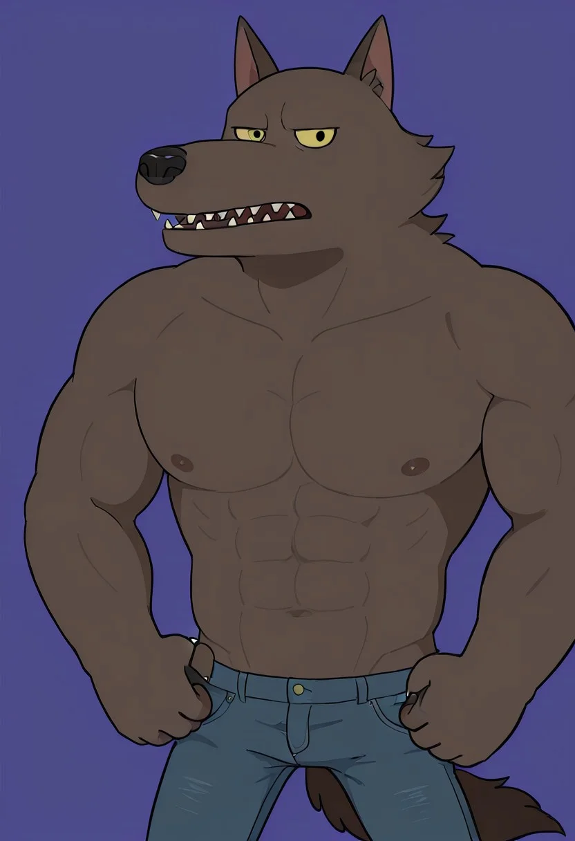 score_9_up, score_8_up, score_7_up, detailed, high quality, masterpiece, best quality, amazing quality, solo, male, anthro, w0lfman-bare-chest, werewolf, brown fur, yellow eyes, dark nose, teeth, muscles, abs, pecs, nipples, bare chest, skinny jeans, brown tail, half body, looking at viewer neutral expression, simple background.