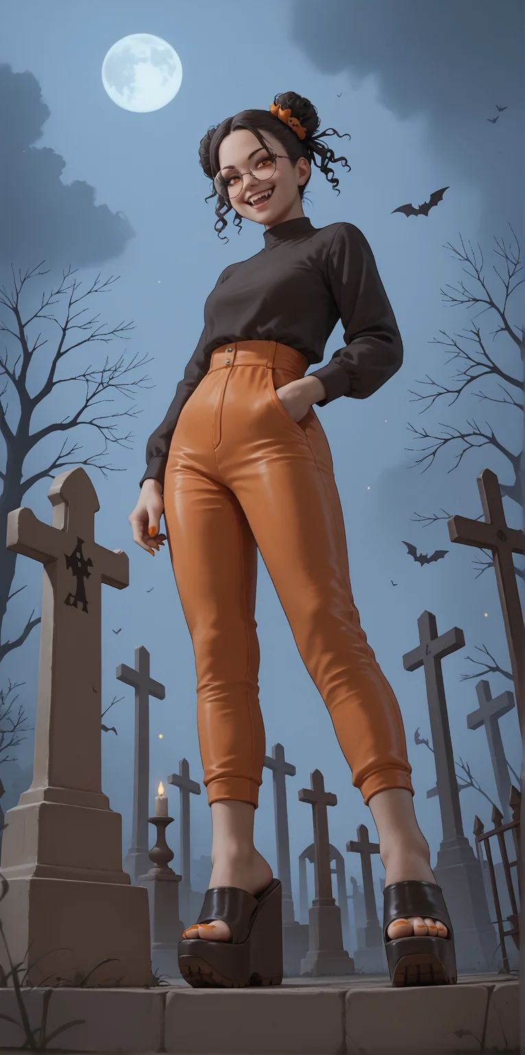 score_9, score_8_up, score_7_up, score_6_up, realistic,
wide angle, standing, low angle, foot focus, from side,
standing,
1girl, dark skin, goth, curly hair buns, round glasses, hair ornament, evil smile, fangs,
ï»¿(mega wedge heels:1.1), platform footwear, (black footwear:1.1),
orange romper, skintight clothing,
halloween scene, fog, cemetery, night,
orange toenail polish,
embedding:zPDXLrl ,
embedding:zPDXL2 ,