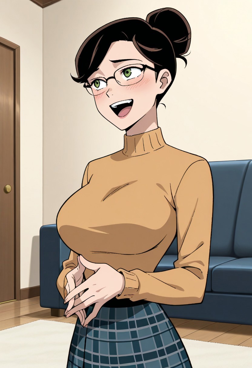 score_9,score_8_up,score_7_up,score_6_up,best quality,masterpiece, 1girl, solo, background is living room,
BREAK
rebholid, dark brown hair, green eyes, short hair, hair bun, glasses, open mouth, laughing, smile,, own hands together, sweater, large breasts, plaid skirt, blush