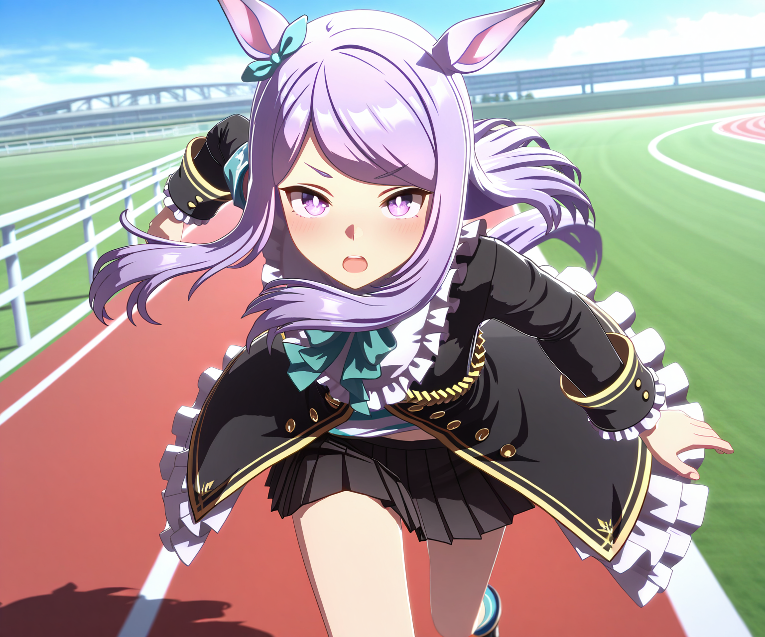 masterpiece, best quality, amazing quality, , 1girl, solo,umamusume, racetrack, running,    <lora:Mejiro Mcqueen in game style 3D ILL-v2:1> ummsmingame, 3d, mejiro mcqueen \(umamusume\), black skirt