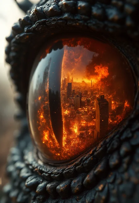 An extreme close-up of a dragon's eye, showing intricate scales and reflections of a burning town. The flames and smoke are vivid and intense, with ash drifting in the air. The dragon's iris glows ominously, capturing the chaotic scene with sharp, fiery details. The dragon scales glowing with a radiant shimmer, reflecting the orange and red flames of a large fire. The texture of the scales is detailed, with sharp ridges and a natural sheen, under intense light. Realistic style.
<lora: - Flux1 - soothing_atmo_V1.0:0.7>