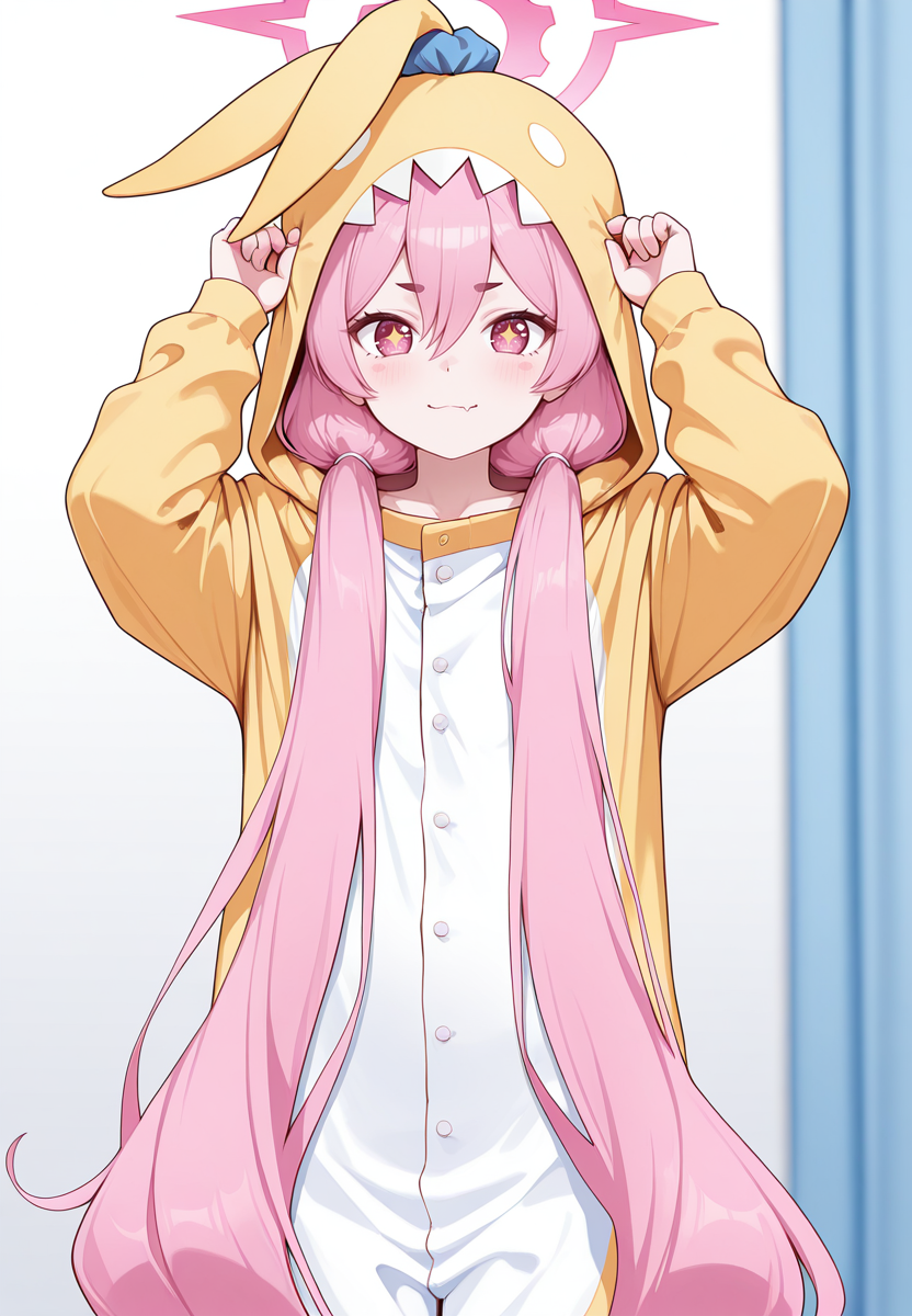 zPDXL3, score_9_up, score_8_up, score_7_up, ,Masterpiece,(perfect female body:1.2), small waist, (incredibly detailed:1.4), beautiful fingers, looking at viewer,  <lora:Kurosaki_Koyuki_-_Blue_Archive_Kaleid_Illustrious:1> kurosakikoyuki_\(arknights\), 1girl, pink hair, very long hair, twintails, pink eyes, sparkling eyes, halo, pajamas, long sleeves, hood, animal costume