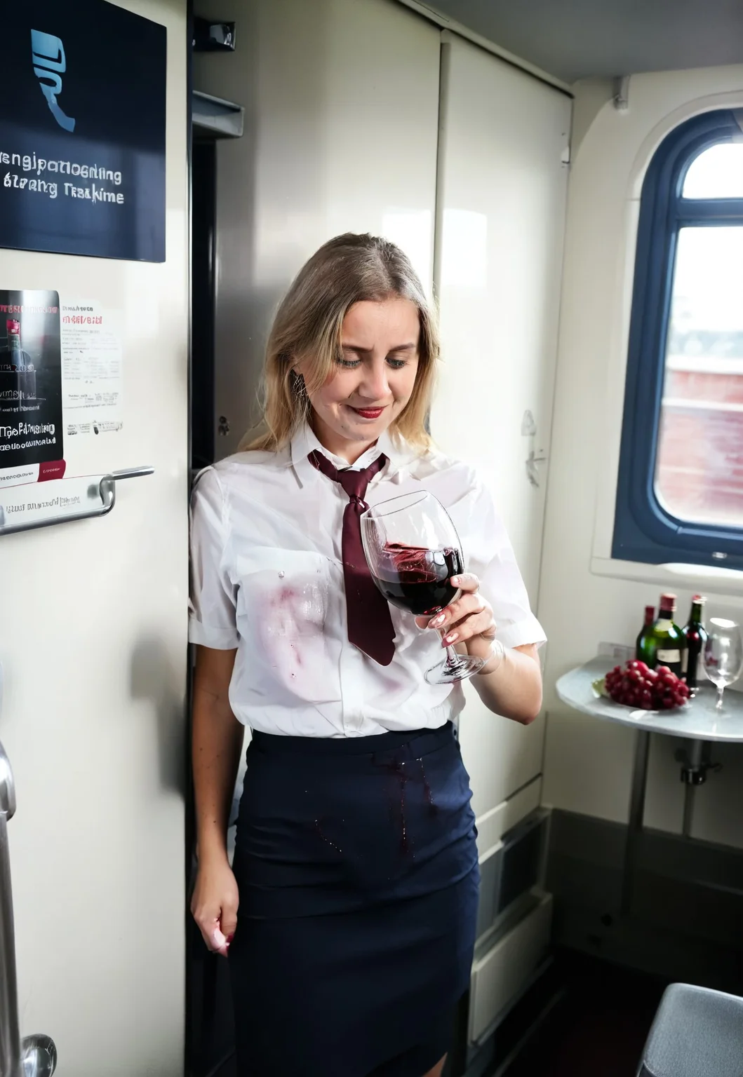 rzdgirl, p0uring dr1nks, pouring red wine, wine bottle, glass of wine, dark blue skirt, white shirt, necktie, train interior