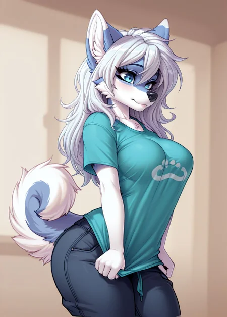 masterpiece, best quality, amazing quality, very aesthetic, high resolution, ultra-detailed, absurdres, 1girl, solo, <lora:Pollo-Chan:1>, furry female, cute, snout, detailed blue eyes, body fur, animal ears, animal nose, white fur, dog tail, medium breasts, wolf girl, t-shirt, baggy pants, pulling shirt down, <lora:Boob_Tent:1>