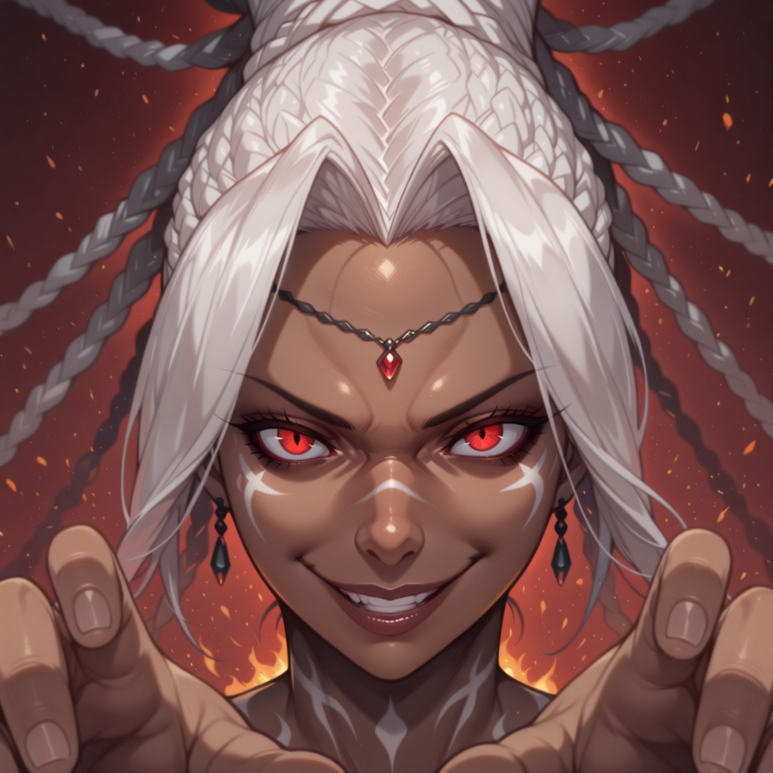 close-up, bust, face focus, ((hands:1)), looking at viewer, evil smile, BREAK safe_pos, safe_pos, masterpiece, best quality, newest,, solo, smile, , 3/4, 1girl,  Tatloch, dark-skinned female, red eyes, white hair, long hair, braid, dreadlocks, ((white tattoo:2, closed mouth:1, mature:1)), BREAK, red background, fire