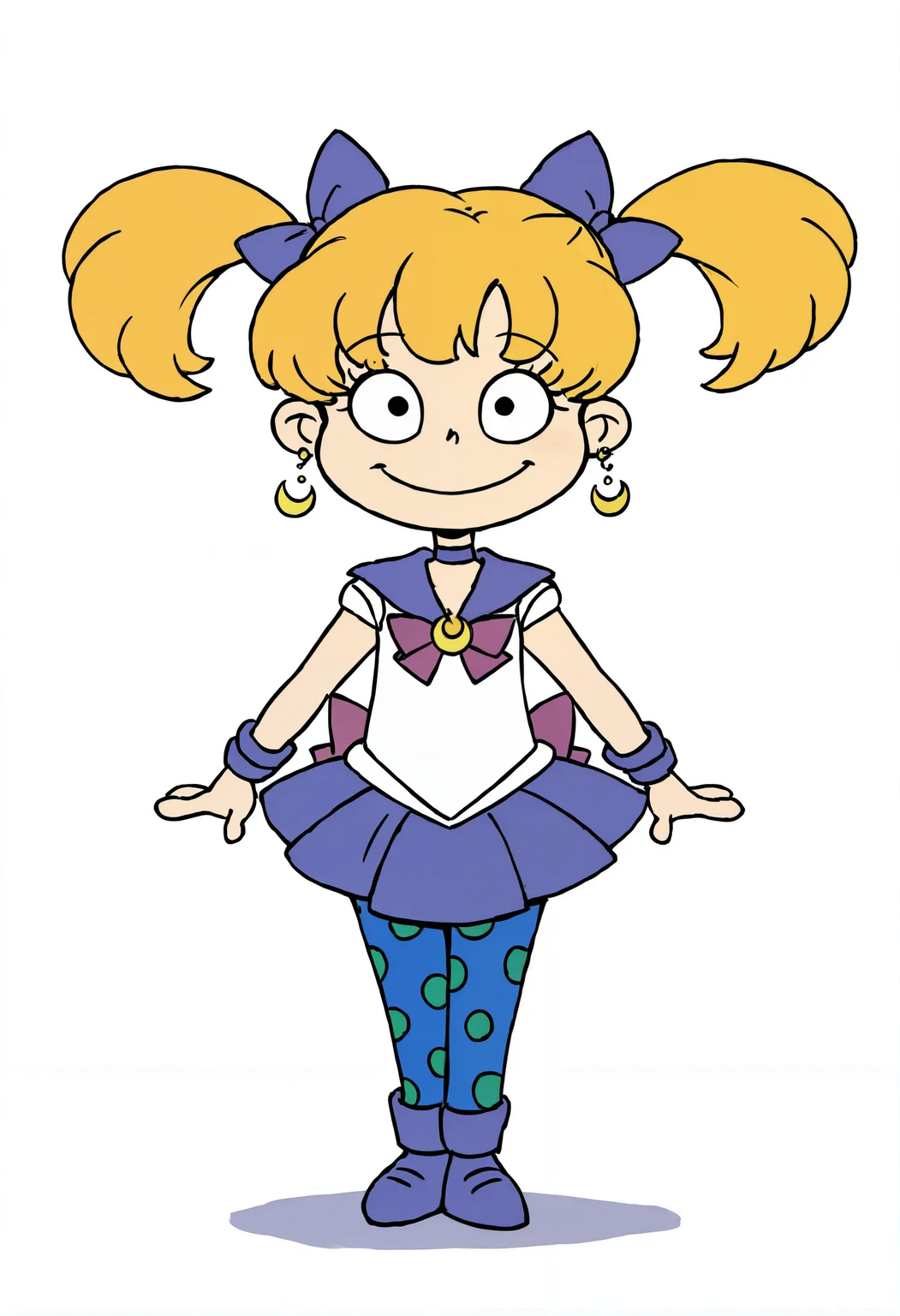 an3x1, masterpiece, best quality, detailed ((child, little girl:1.4)), 1girl, solo, hair bow, full body, hair bow, blue leggings, polka dot, blonde hair, short twintails, black eyes, purple sailor senshi uniform, purple sailor collar, purple choker, crescent earrings, magical girl, smile, posing