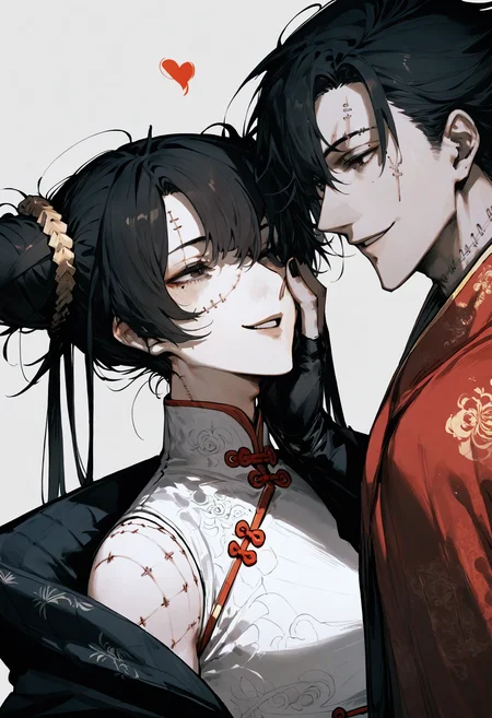 score_9, score_8_up, score_7_up, score_6_up, score_5_up, score_4_up,
<lora:BodyStitchesV3:1> st1tch3s, stitches, patchwork skin,
, 1girl, long hair, smile, short hair, simple background, black hair, 1boy, gloves, brown eyes, upper body, hetero, heart, parted lips, black gloves, fingerless gloves, hair bun, mole, looking at another, black eyes, mole under eye, double bun, scar, chinese clothes, couple, black nails, scar on face, robe, hand on another's face, hand on another's cheek