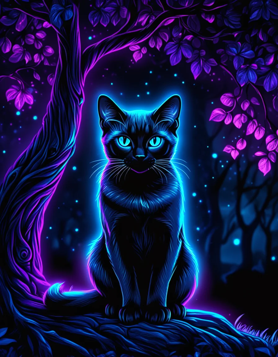 novuschroma80 style siamese cat sitting by a tree blacklight art <lora:novuschroma80 style:1>