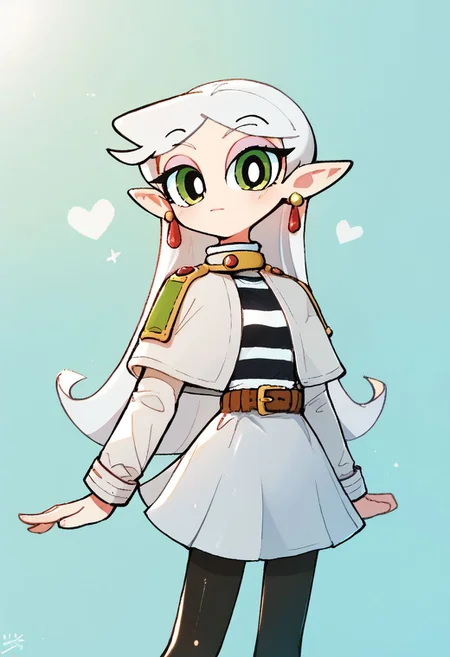 <lora:powerpuff_girls_Kim_Crab_style:1>powerpuff <lora:ChamFrierenPonyXL:1> Frieren,green eyes,white hair,long hair,, long wintails, earrings,small chest, flat, white capelet, striped shirt, long sleeves, belt, white skirt, black pantyhose, Score_9, Score_8_up, Score_7_up, Score_6_up, Score_5_up, Score_4_up, BREAK,1girl in full growth, best quality, masterpiece, ultra-detailed, high quality,good quality,1 girl,(master piece,high resolution, ultra detailed,8K,16K),look at viewer